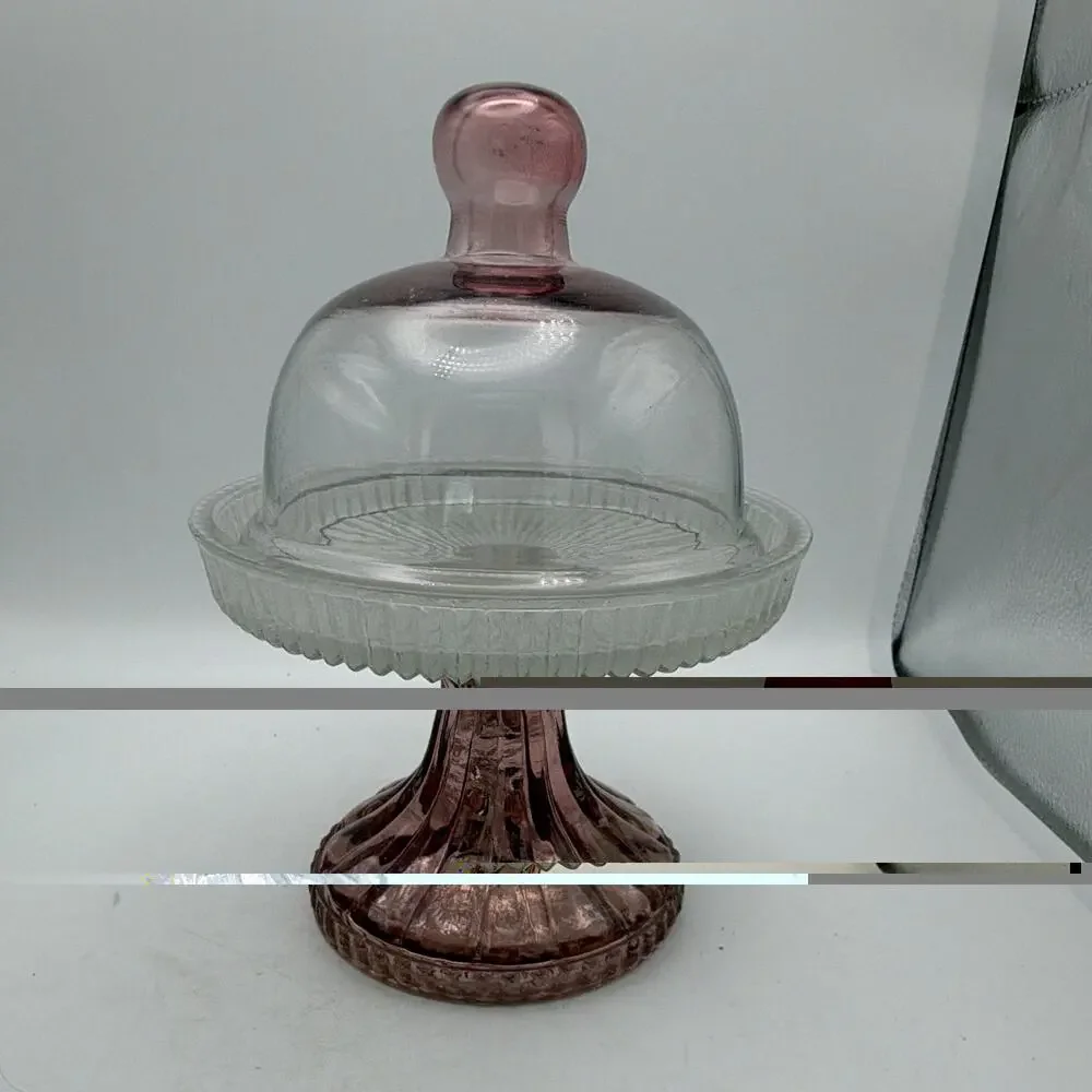 Clear & Pink Glass Pedestal Cake Stand w/ Round Dome Lid Cloche 2pc